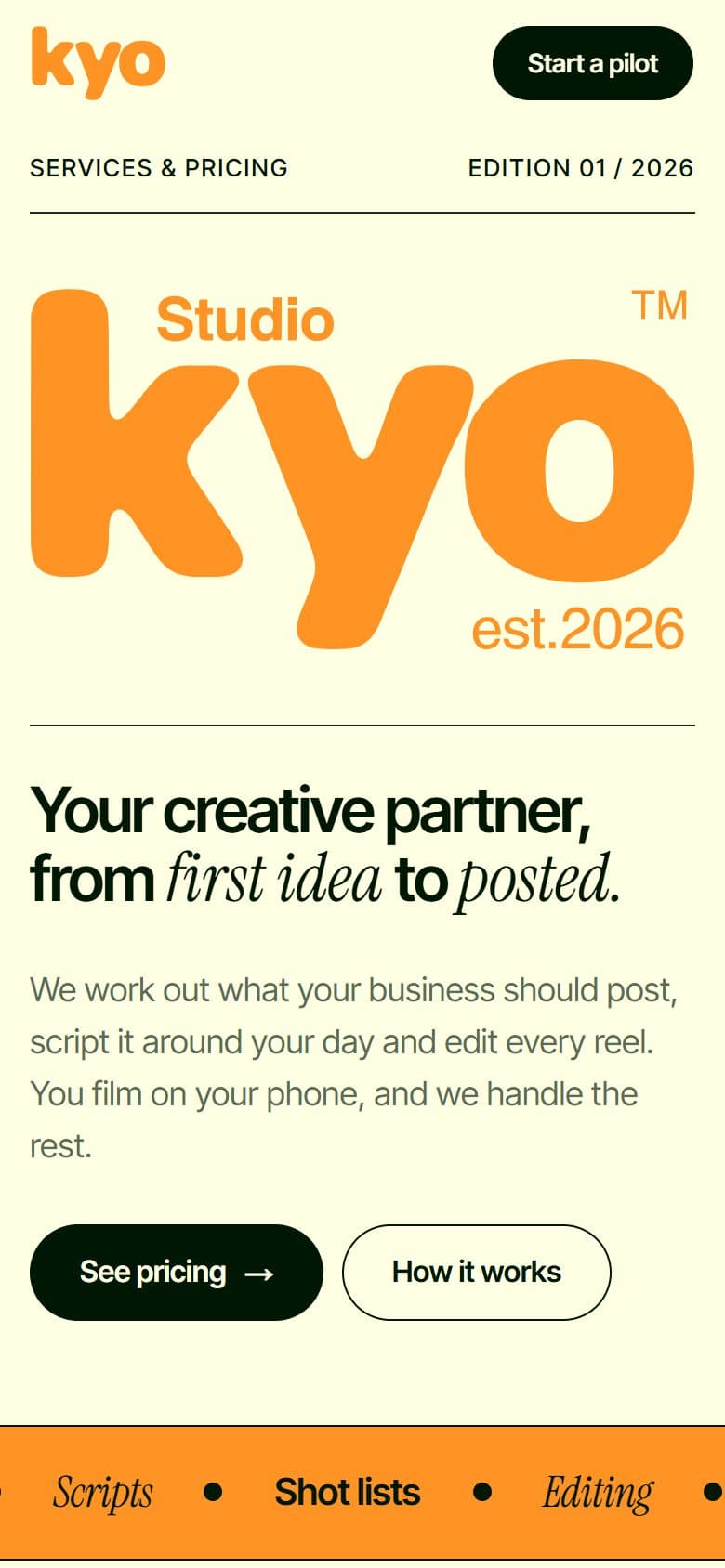 Studio Kyo website on mobile