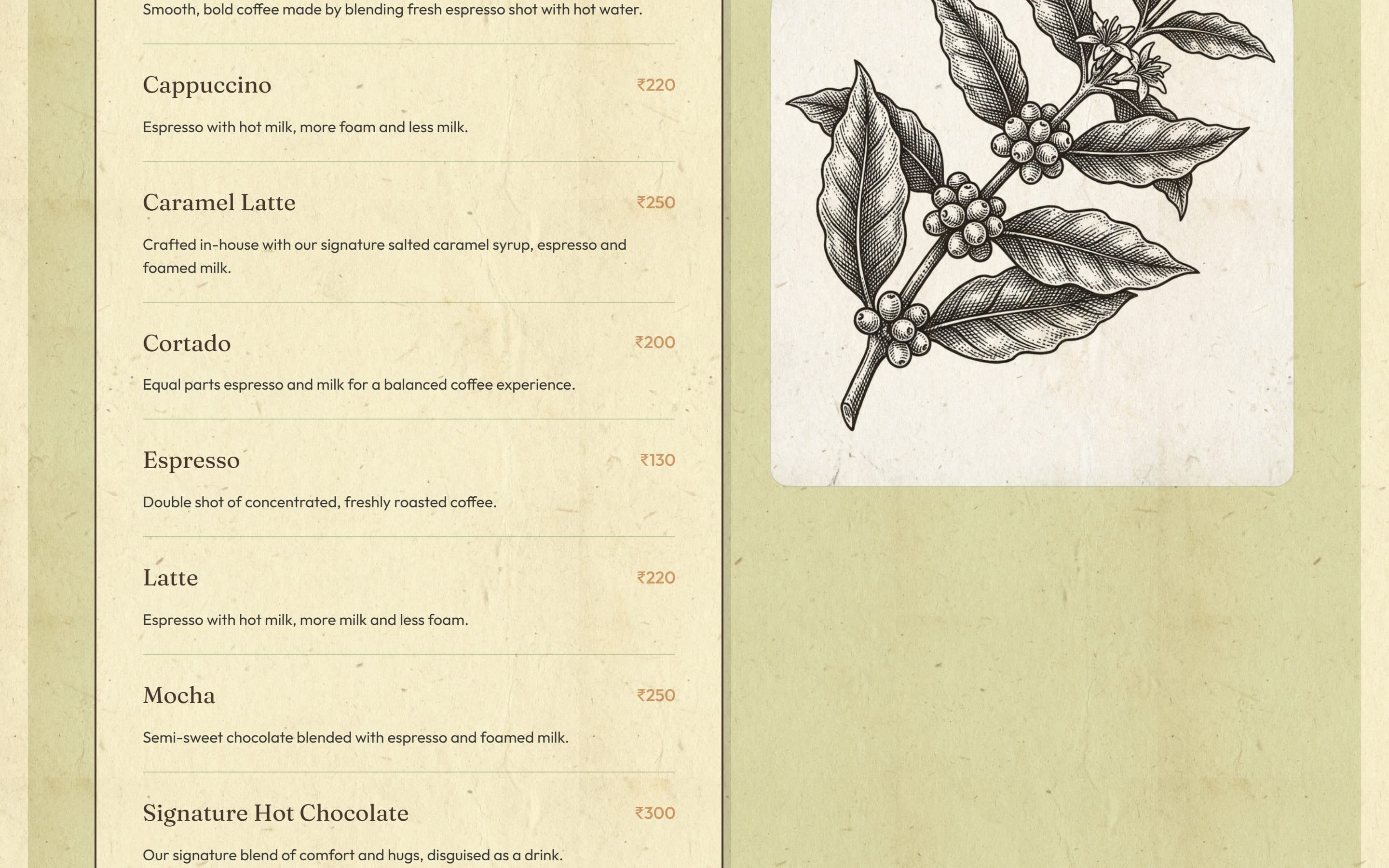 Café Obregado: the menu