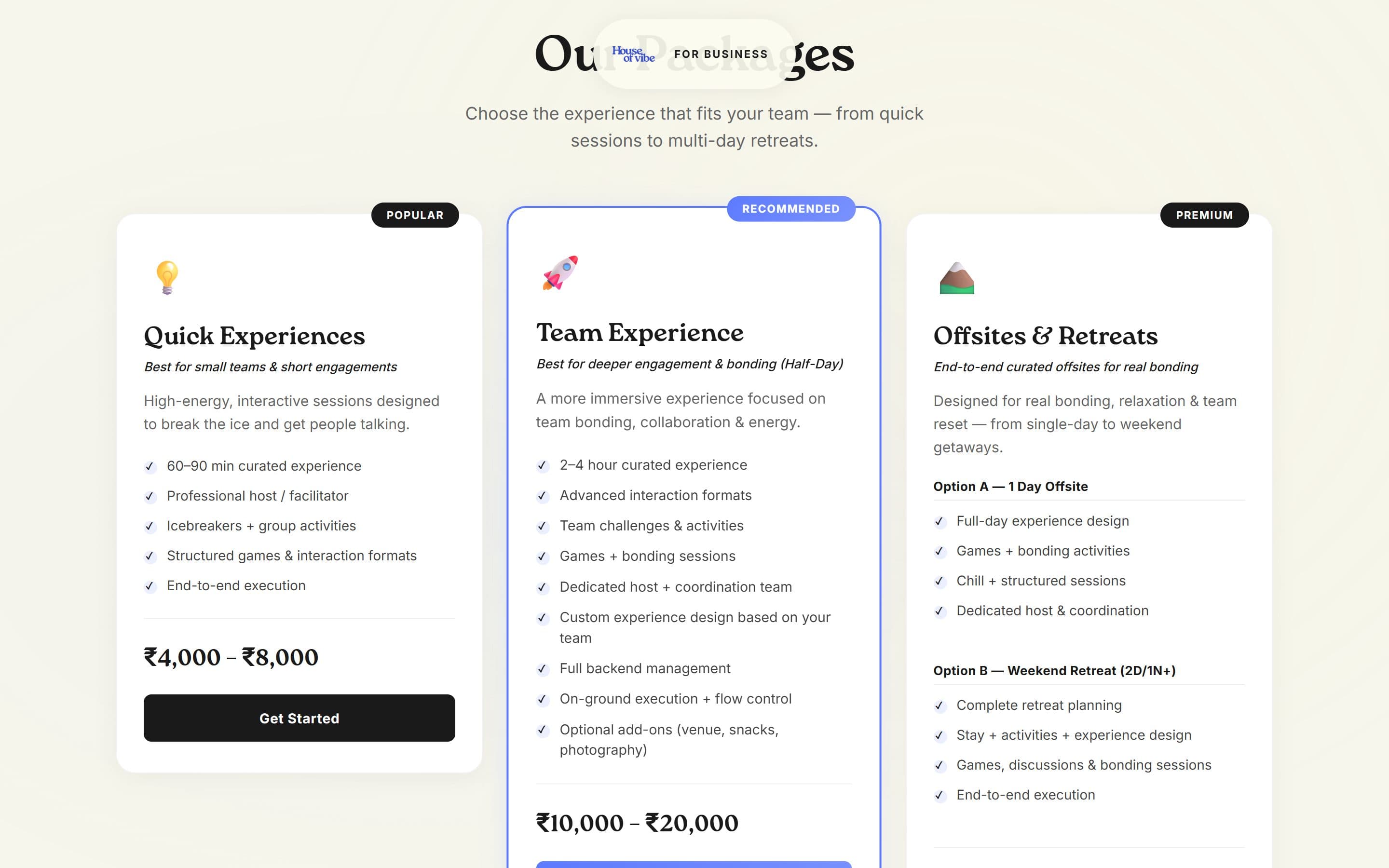 House of Vibe for Business: packages