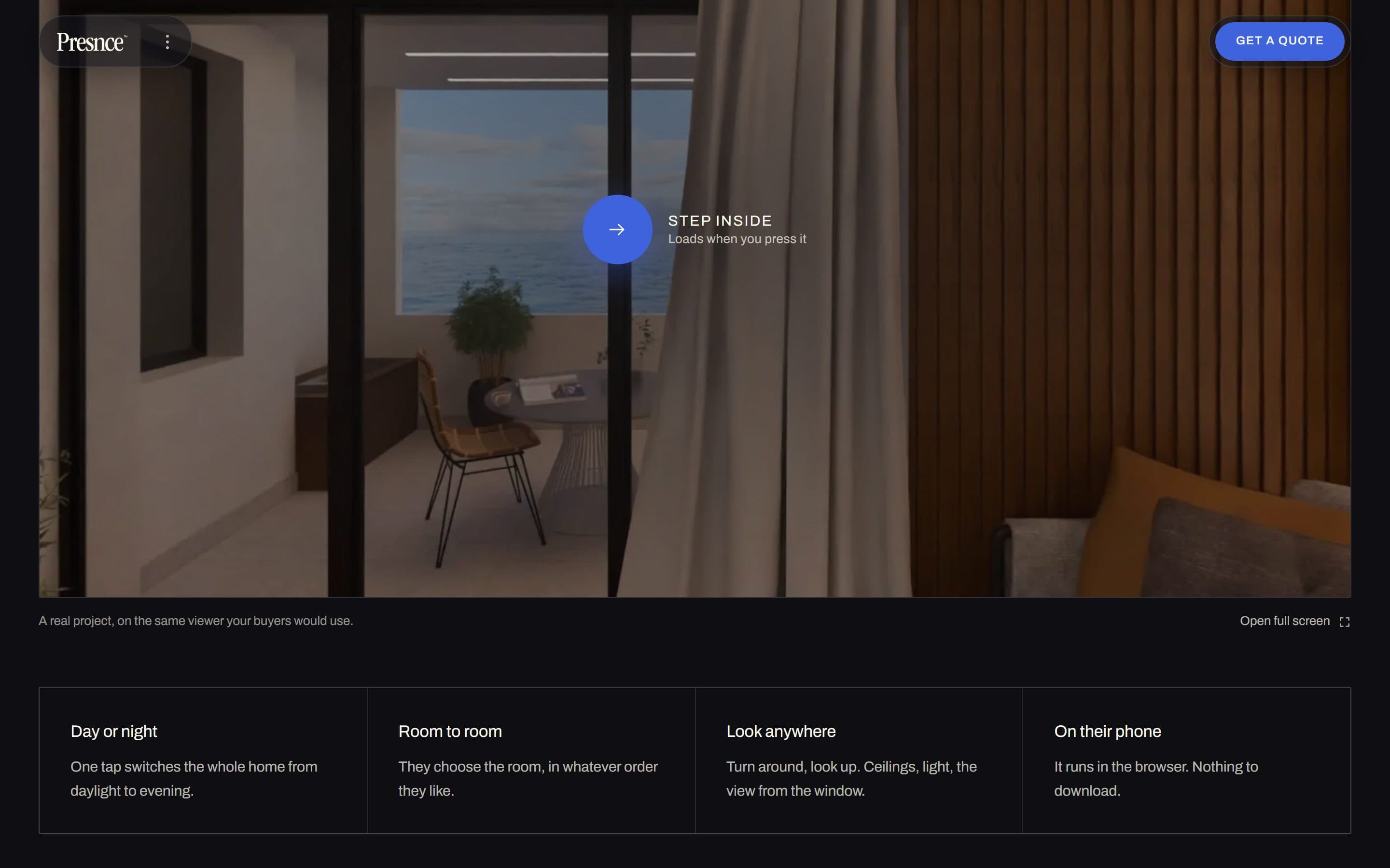 Presnce website: their own walkthrough demo, embedded in the page